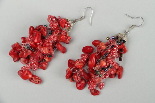 Handmade designer earrings woven of Czech beads and coral pieces - MADEheart.com