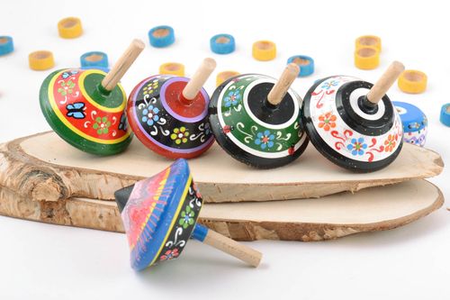 Small handmade designer painted wooden spinning tops set 5 items childrens toys - MADEheart.com