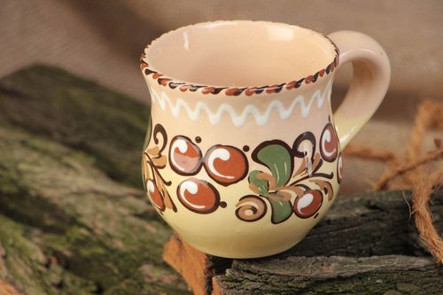 6 oz clay glazed coffee cup with fruit pattern and handle - MADEheart.com