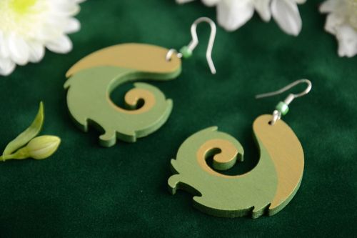 Large handmade designer green wooden eco earrings painted with acrylics - MADEheart.com