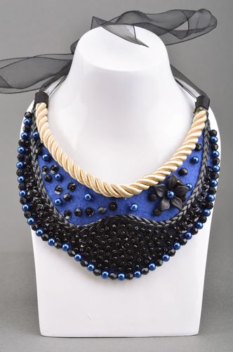 Handmade bead embroidered collar necklace in blue color palette with ribbons - MADEheart.com