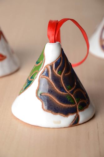 Handmade ceramic decorative small colorful painted bell on satin ribbon - MADEheart.com