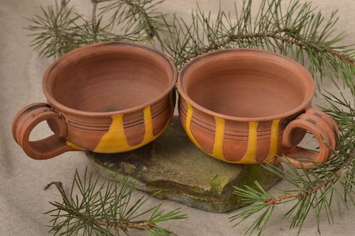 Clay 2 (two) cups set with handles, no saucers, no pattern - MADEheart.com