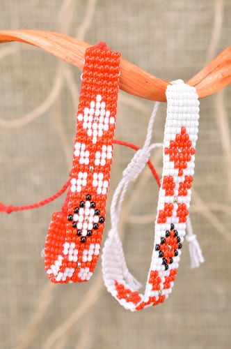 Set of 2 handmade white and red beaded ornamented bracelets with ties for women - MADEheart.com