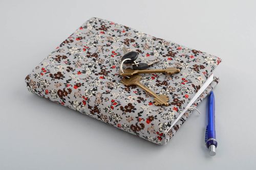 Handmade designer notebook with gray fabric cover with floral pattern - MADEheart.com