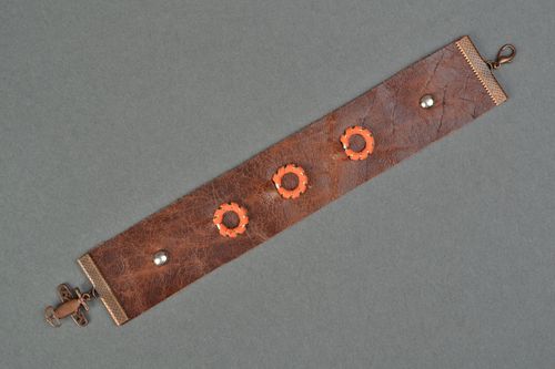 Brown genuine leather bracelet with metal inserts  - MADEheart.com