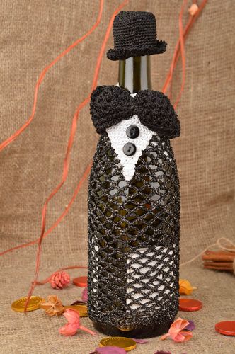 Handmade designer decorative bottle cozy crocheted black acrylic jacket and hat - MADEheart.com