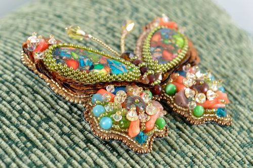 Handmade brooch embroidered with beads and natural stones - MADEheart.com