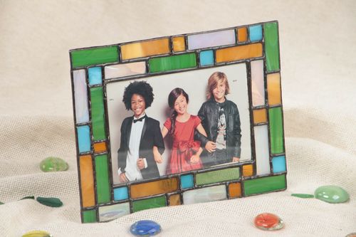 Green and yellow handmade stained glass photo frame for decor - MADEheart.com