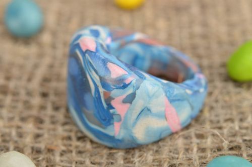 Designer handmade polymer clay ring in blue tones decorative summer accessory - MADEheart.com