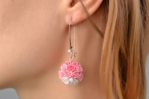Handmade long delicate earrings made of polymer clay in the form of bouquets of roses - MADEheart.com