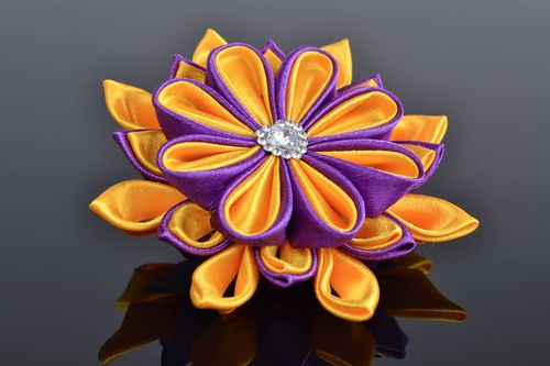 Élastique à cheveux fleur rubans de satin jaune violet fait main pour fillette - MADEheart.com