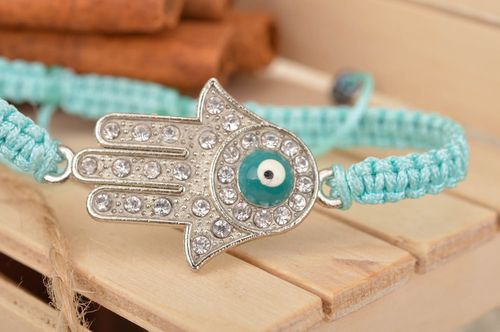 Handmade stylish thin blue woven wrist bracelet made of silk with insert - MADEheart.com