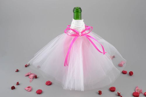 Brides clothes for bottle of champagne tender wedding accessory in light shades - MADEheart.com