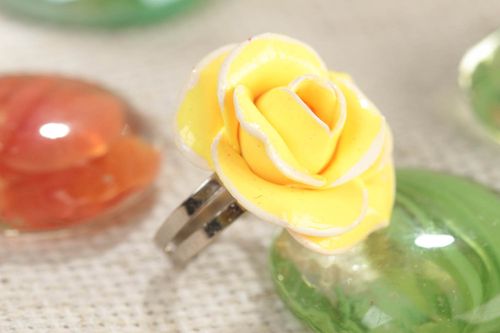 Handmade jewelry ring with polymer clay yellow rose flower and metal basis - MADEheart.com