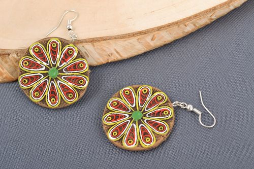 Handmade ceramic round dangling earrings with acrylic painting Peacock Tail - MADEheart.com