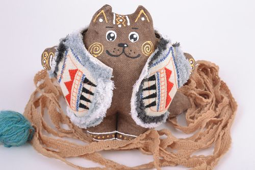 Handmade small soft toy sewn of fabric filled with buckwheat husk Cat in Vest - MADEheart.com