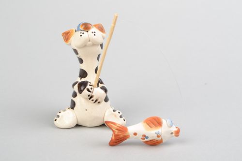 Handmade designer ceramic figurine painted with colorful glaze Cat Fisherman - MADEheart.com