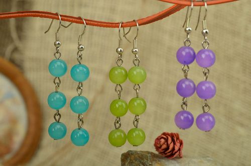 Set of 3 pairs of handmade long dangle beaded earrings green blue and violet - MADEheart.com