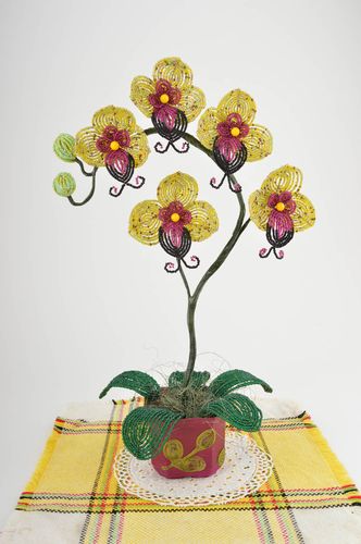 Handmade beaded composition yellow beaded orchid beaded flowers home decor   - MADEheart.com