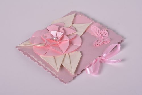 Handmade beautiful postcard designer postcard with flower pink present - MADEheart.com