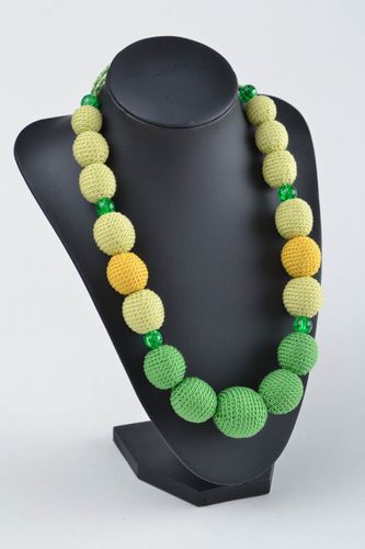 Beautiful interesting bright handmade crocheted bead necklace in shades of green - MADEheart.com