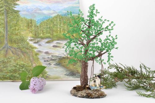 Handmade decorative small beaded bonsai tree with swing and dog figurine - MADEheart.com
