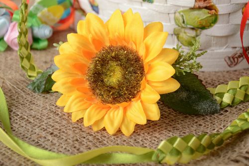 Handmade decorative summer headband woven of green ribbons with large sunflower - MADEheart.com