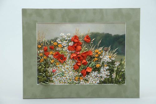 Tableau brodé au ruban Coquelicots fait main - MADEheart.com