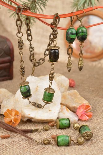 Set of handmade metal jewelry with green beads dangle earrings and 2 necklaces - MADEheart.com