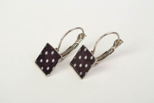 Handmade stylish earrings with jewelry resin of square shape with decoupage black with white - MADEheart.com