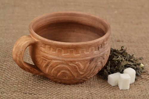 Handmade ceramic light brown coffee cup with Mayan patterns - MADEheart.com