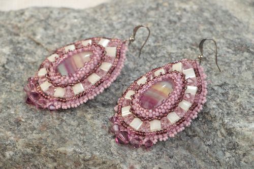 Handmade violet earrings embroidered with beads crystals and natural stone - MADEheart.com