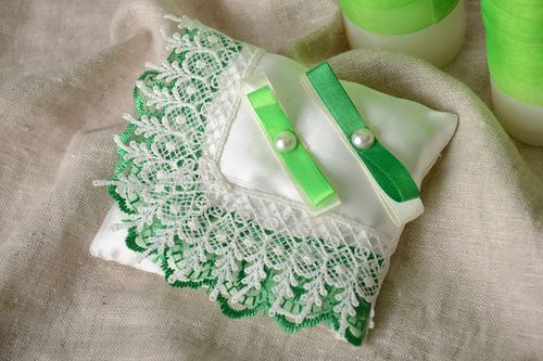 Handmade wedding satin ring bearer pillow with lace in white and green colors - MADEheart.com