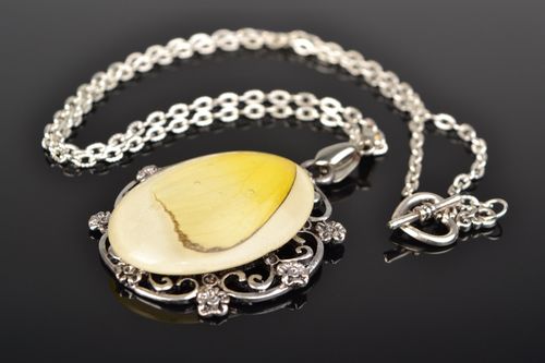 Large handmade pendant with butterfly wing in epoxy resin on chain in vintage style - MADEheart.com