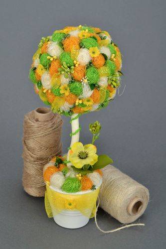 Handmade bright summer yellow green topiary tree with flowers and stamens in pot - MADEheart.com