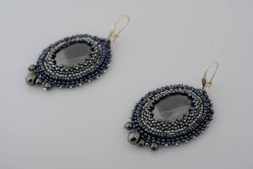 Handmade evening oval dark dangling earrings with beads and natural stones - MADEheart.com