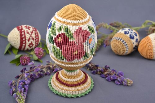 Handmade designer macrame woven over Easter egg on wooden basis with stand  - MADEheart.com