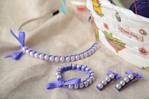 Set of 4 handmade light violet bead accessories headband bracelet and 2 hair clips - MADEheart.com