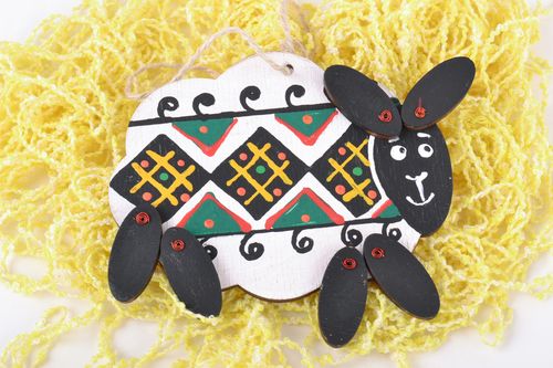 Handmade decorative wooden wall hanging toy Lamb painted with ethnic ornaments - MADEheart.com