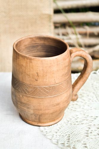 18 oz XXL ceramic not glazed cup with handle and Roman style pattern - MADEheart.com