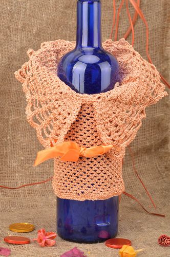 Handmade designer decorative bottle cover crocheted cozy beige dress with bow - MADEheart.com