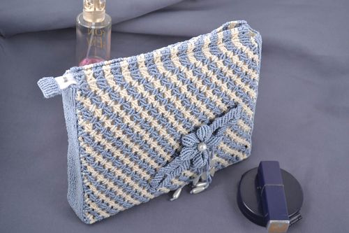 Handmade stylish cosmetic bag braided using macrame technique with blue flower - MADEheart.com