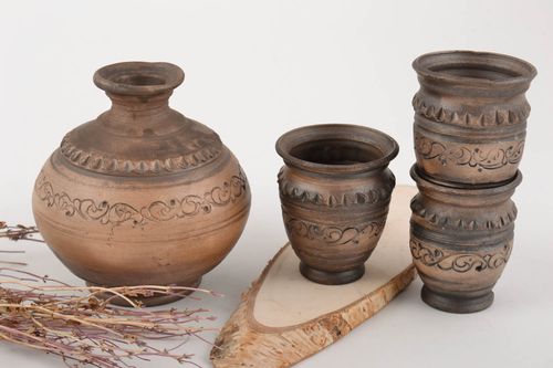 Set de vaisselle en céramique 3 gobelets 50 ml et gourde 25 cl fait main - MADEheart.com