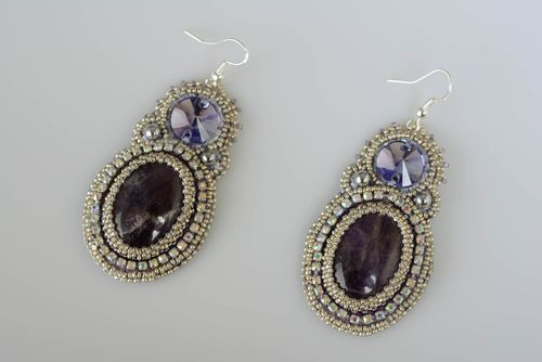 Beaded long earrings with natural stones oval dark elegant handmade jewelry - MADEheart.com
