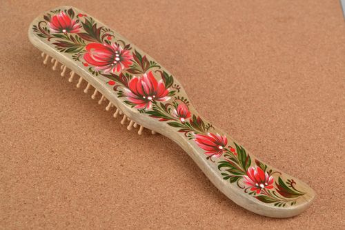 Beautiful handmade wooden hairbrush with Petrikov painting - MADEheart.com