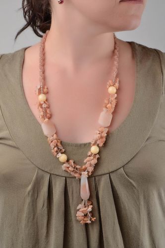 Tender long peach-colored handmade necklace made of beads and natural stones  - MADEheart.com