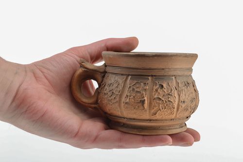 Ceramic cup bowl with handle and ethnic pattern in light-brown color 0,52 lb - MADEheart.com